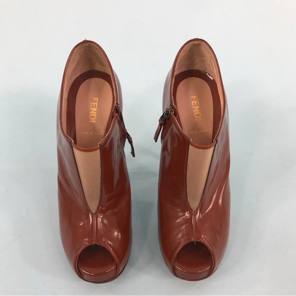 Fendi patent leather cognac booties with peep-toe and mesh detail. Size 36.5